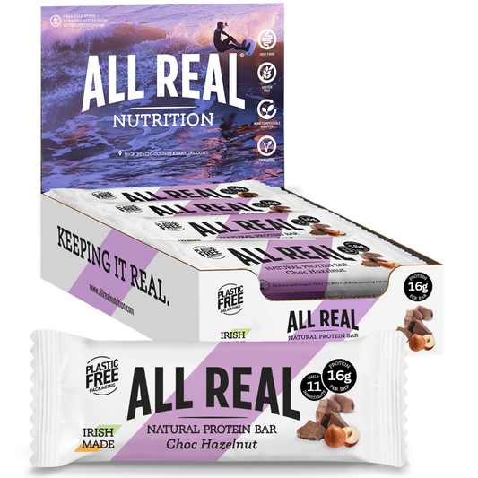 A box of all real choc-hazelnut natural protein bars