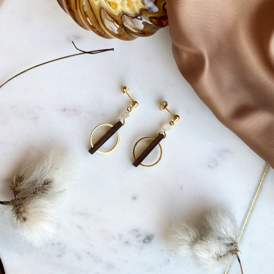 Pearl & Walnut Abstract Earrings