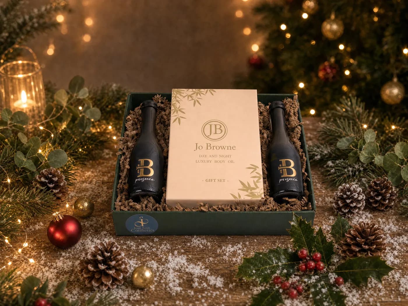 The Bubbles and Bliss Hamper dressed for Christmas, a Jo Browne body oil gift set flanked by two bottles