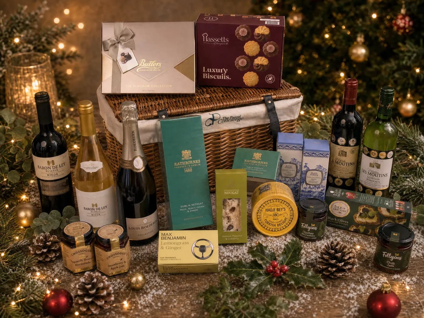 The Grand Indulgence wicker hamper dressed for Christmas, Butlers chocolates and Hassetts biscuits on the lid, ringed by red and white wine, Champagne, candles and preserves