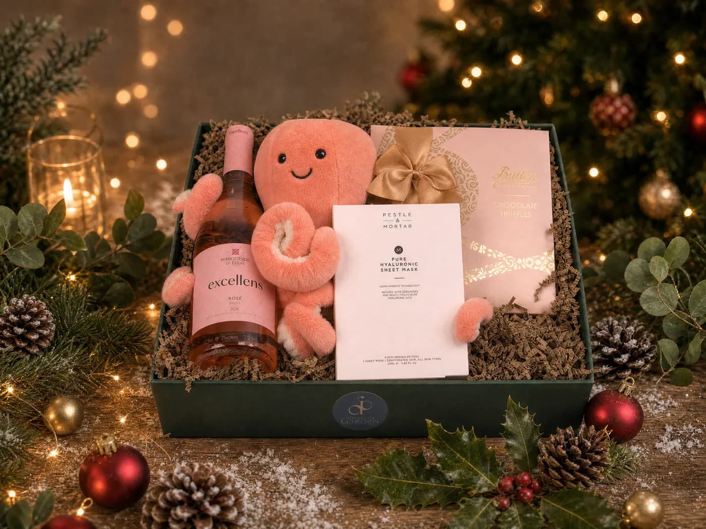 The New Mum and Baby Girl Luxury Hamper dressed for Christmas, a pink plush toy beside a bottle of rosé and a box of chocolate truffles