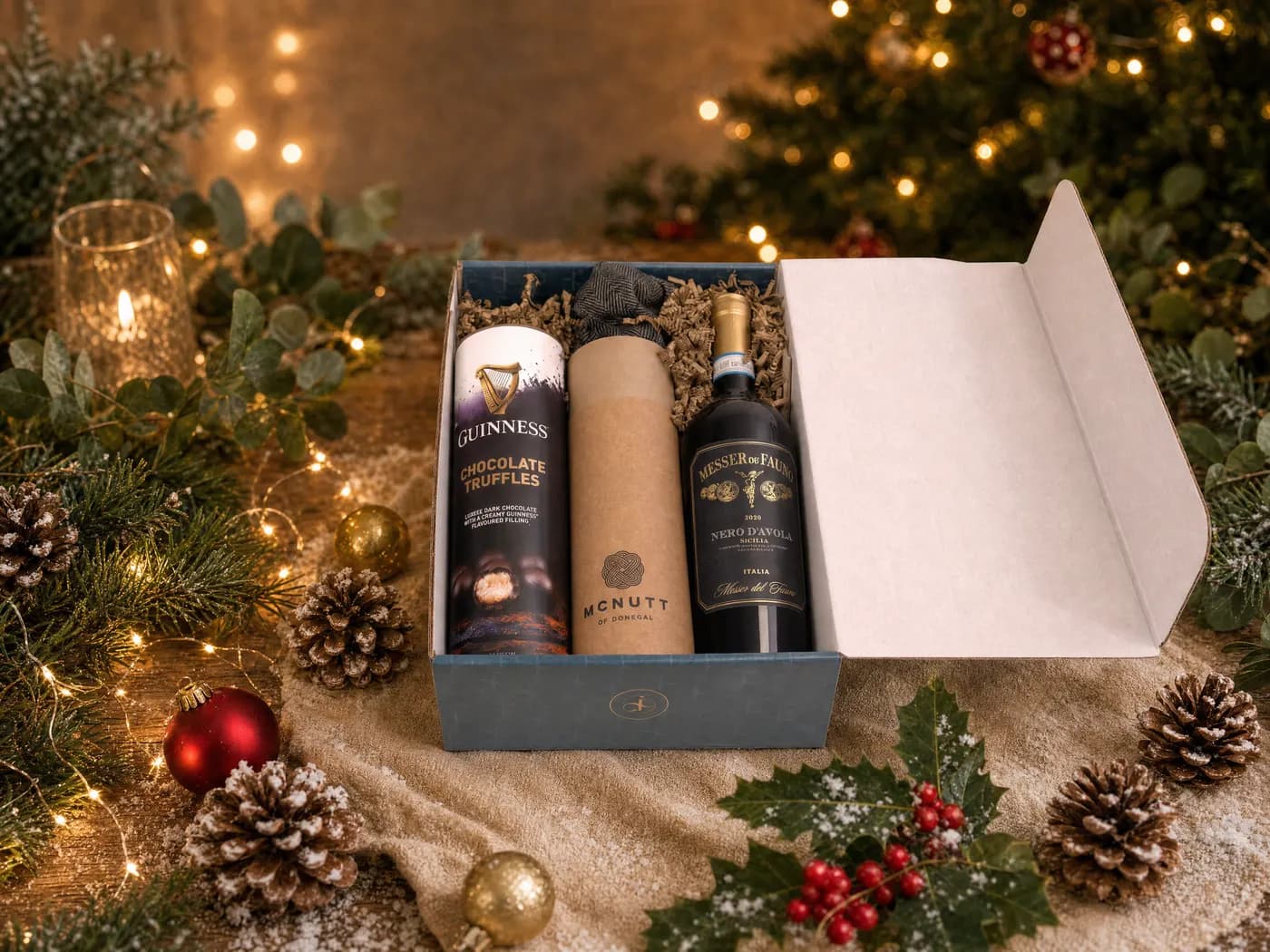 The Classic Gentleman’s Hamper dressed for Christmas, a McNutt of Donegal scarf in its tube beside a bottle of Nero d’Avola and Guinness chocolate truffles