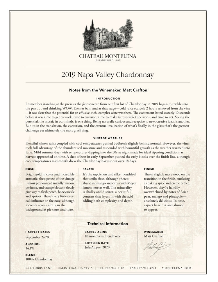 Chateau Montelena 2019 Napa Valley Chardonnay
