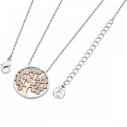 Silver circle pendant with rose gold tree